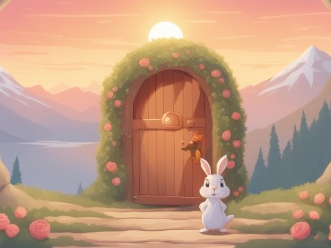 Whimsical Doorway in a Magical Garden at Sunset