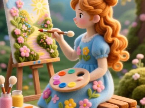 Whimsical Felt Artist Painting a Dreamy Garden Scene