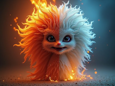 Whimsical Fire and Ice Creature with Fluffy Fur