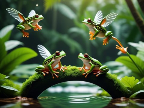 Whimsical Flying Frogs in a Lush Forest