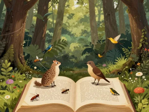 Whimsical Forest Scene with Animals on an Open Book