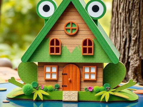 Whimsical Frog-Themed Wooden House Model