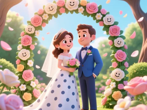Whimsical Garden Wedding Ceremony with Cartoon Couple