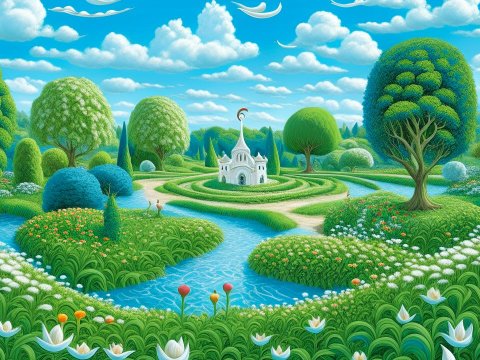 Whimsical Garden with Curved Waterways and a Small Castle