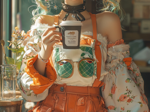 Whimsical Girl with Green Hair Enjoying Coffee