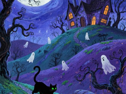 Whimsical Haunted Hill with Ghosts and Black Cat