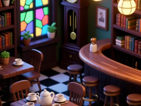 Whimsical Isometric Cafe Corner with Stained Glass Window