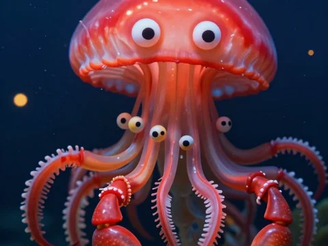 Whimsical Jellyfish with Crab Claws and Multiple Eyes