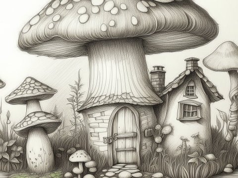Whimsical Mushroom House Pencil Sketch