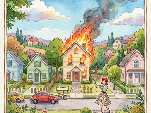 Whimsical Neighborhood Scene with House on Fire and Woman Taking Selfie