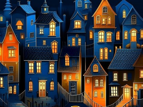 Whimsical Nighttime Village with Glowing Windows