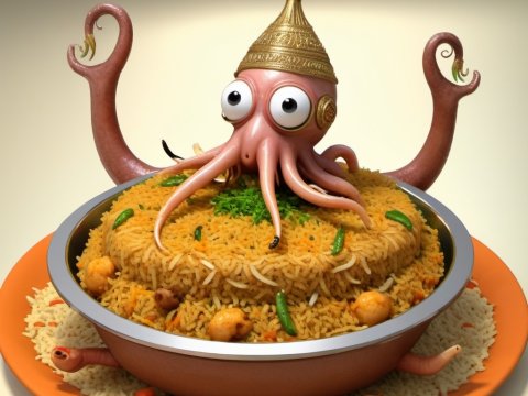 Whimsical Octopus Chef on Spiced Rice Dish