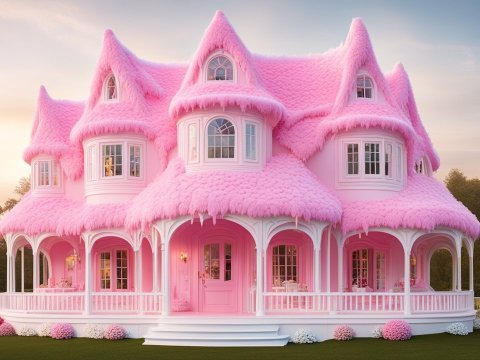 Whimsical Pink Cottage with Fluffy Roof