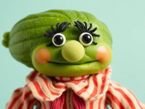 Whimsical Puppet with Green Face and Striped Outfit