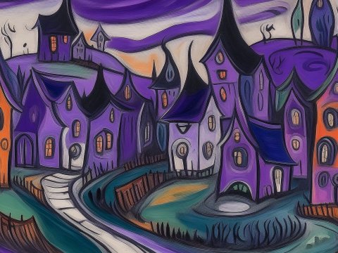 Whimsical Purple Spooky Village Illustration