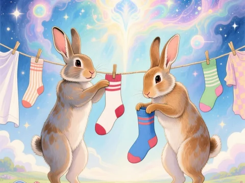 Whimsical Rabbits Hanging Colorful Socks Under a Magical Sky