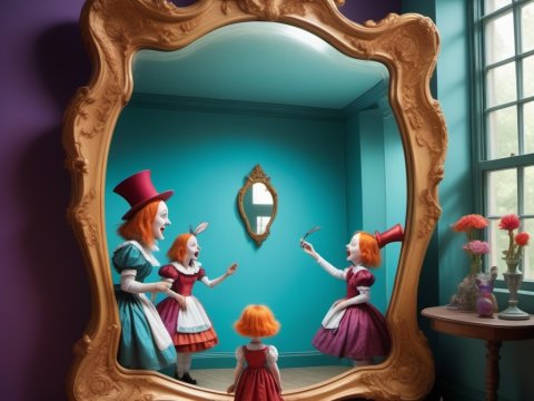 Whimsical Reflection of Red-Haired Girls in Ornate Mirror