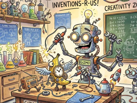 Whimsical Robot Inventor Workshop with Flying Toaster and Robo-Pet