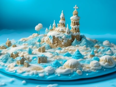 Whimsical Snowy Castle Model on Blue Background