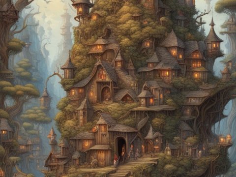 Whimsical Treehouse Village in a Fantasy Realm
