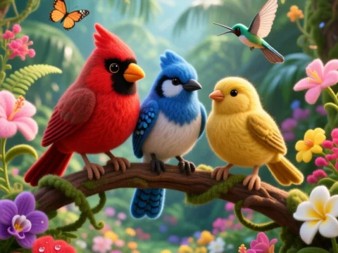 Whimsical Tropical Birds on a Branch