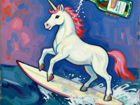 Whimsical Unicorn Surfing with Soda Splash