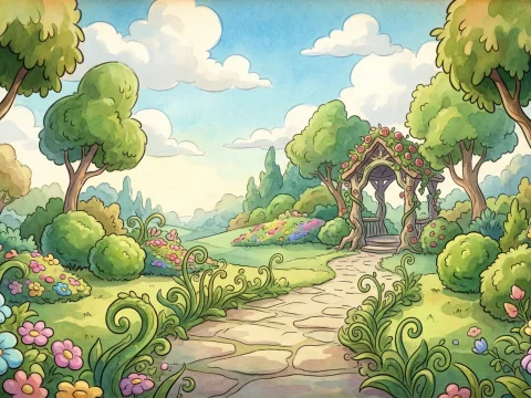 Whimsical Vintage Garden Path with Floral Archway