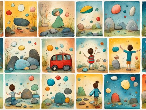 Whimsical Watercolor Panels of Children and Floating Stones