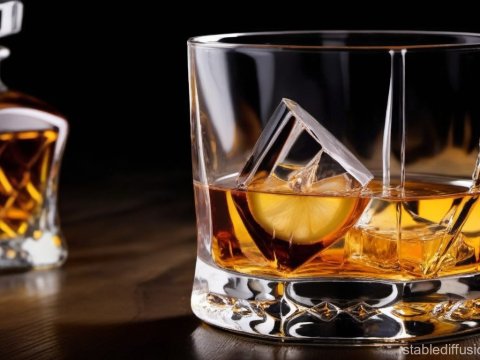 Whiskey Glass with Ice and Lemon Slice on Wooden Surface