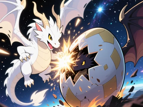 White and Black Baby Dragons in Space Hatching from Egg