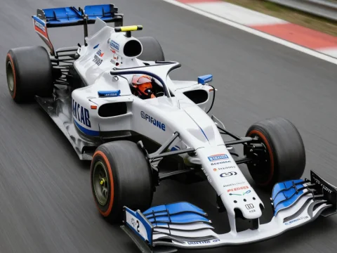 White and Blue Formula 1 Race Car on Track
