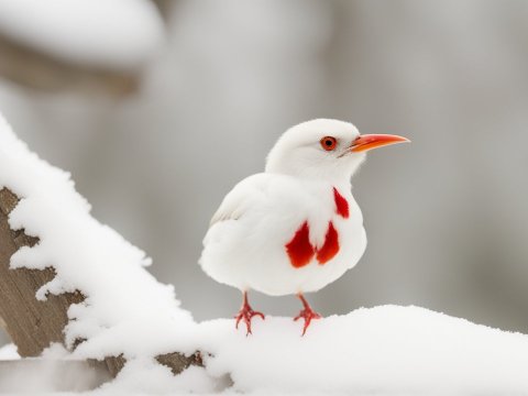White Bird with Red Markings Perched on Snowy Branch