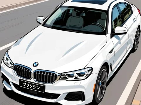White BMW Gran Coupe Driving on Road in Illustration Style