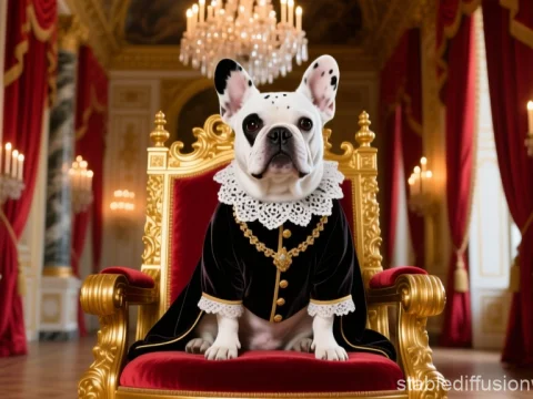 White Bulldog Aristocrat Sitting on Ornate Throne