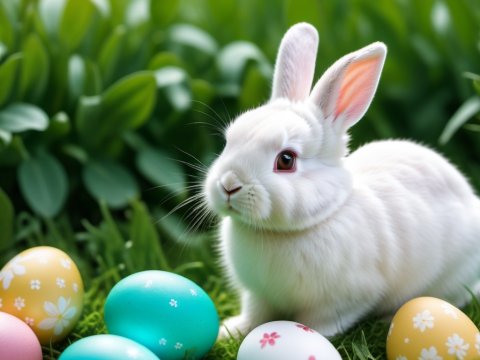White Bunny with Colorful Easter Eggs in Green Grass
