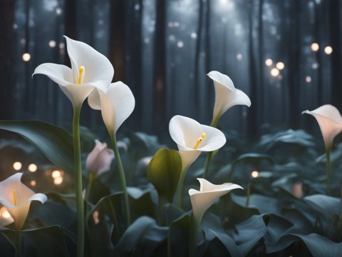 White Calla Lilies Glowing in a Mystical Forest