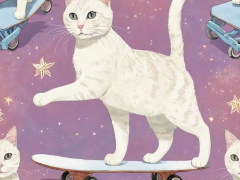 White Cat Riding Skateboard in Starry Purple Sky