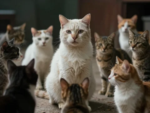 White Cat Surrounded by Group of Cats Indoors