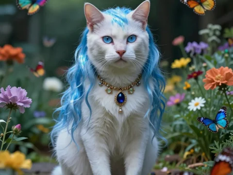 White Cat with Blue Hair and Jewel Necklace in Flower Garden