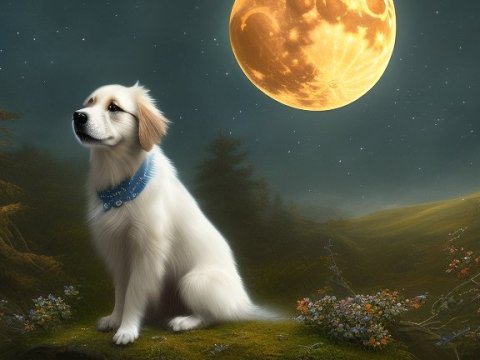 White Dog Sitting Under a Glowing Full Moon
