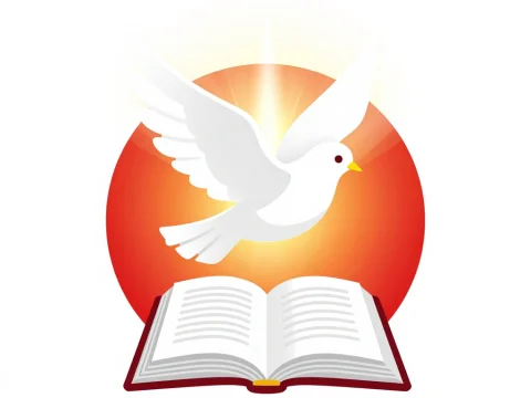 White Dove Flying Above an Open Bible with Radiant Background