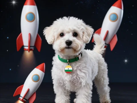 White Fluffy Dog with Rockets in Space Background