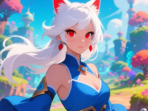 White-Haired Cat-Eared Anime Woman in Fantasy Landscape