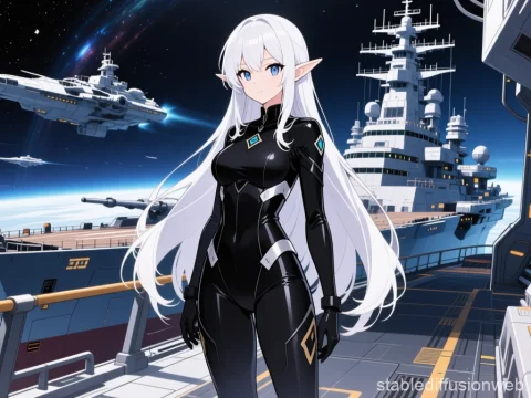 White-Haired Elf in Futuristic Space Battleship