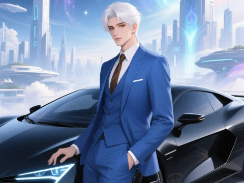 White-Haired Man in Blue Suit with Futuristic Cityscape