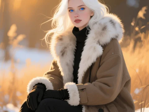 White-Haired Woman in Winter Coat with Blue Eyes