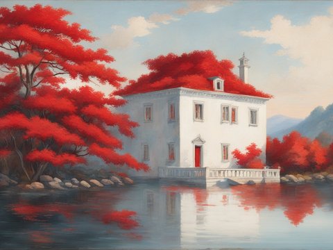 White House by a Lake Surrounded by Vibrant Red Trees
