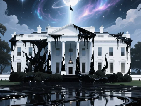 White House Covered in Black Dripping Substance Under Cosmic Sky