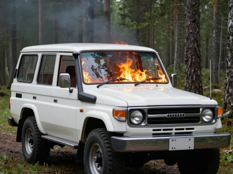 White Land Cruiser 200 on Fire in Forest