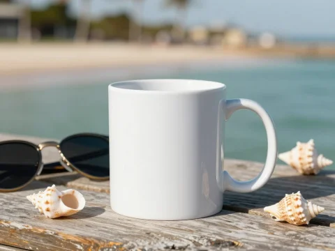 White Mug on Weathered Wooden Table by the Beach